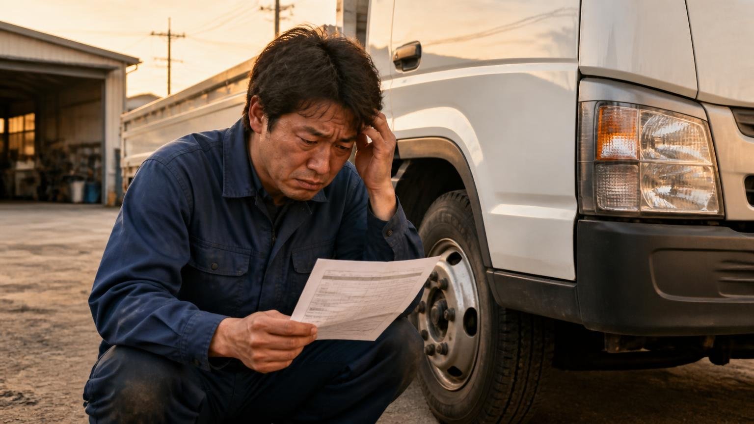 悪い口コミ：査定で買い叩かれた、あとから金額を下げられた 夕方の車庫 低い金額の見積書を手に トラックの横で肩を落とす作業着の男性
