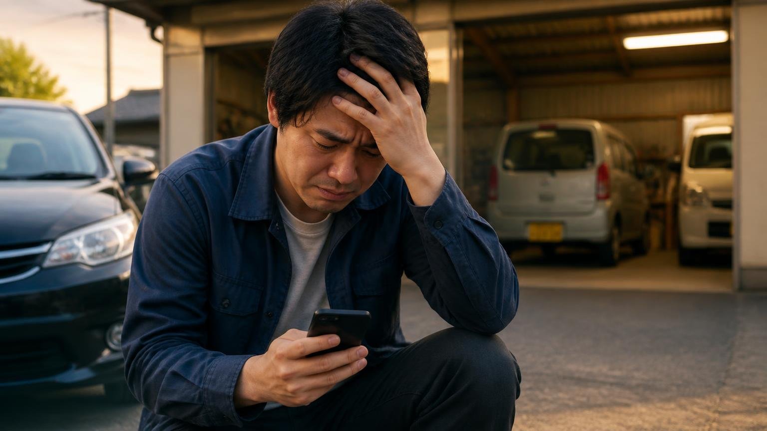 悪い口コミ：理由をつけて買い叩かれた、あとから金額を下げられた 夕方の車庫 スマホの画面を見つめた男性1人が肩を落として頭を抱える