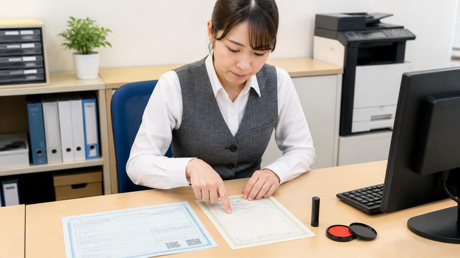 売る側が用意する主な書類 事務所の机に車検証と印鑑証明書と実印を並べ女性事務員1人が指で数えて確認