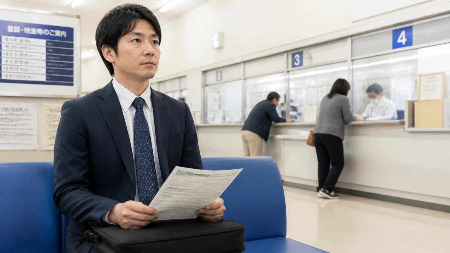 鳥取市の運輸支局の窓口で、トラックの書類を手に順番を待つスーツ姿の男性1人