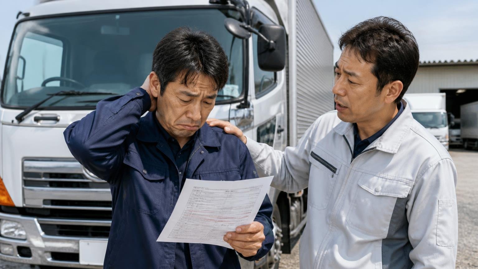 悪い口コミ：査定で買い叩かれた、あとから金額を下げられた　益田市の車庫で、減額された見積書を手に4tトラックの前で肩を落とす40代の男性と、慰める同僚
