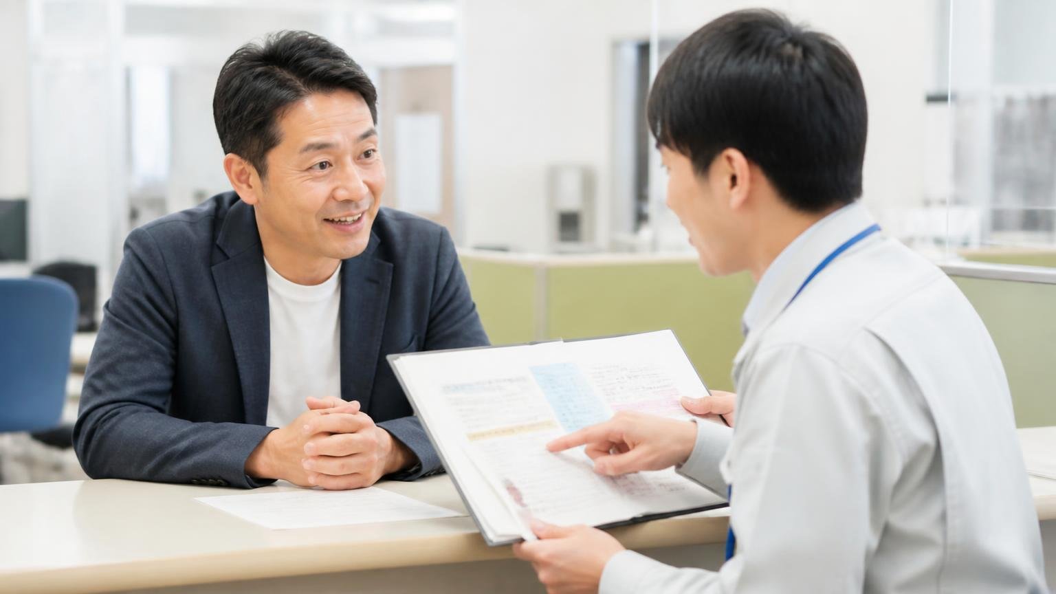 自動車税(種別割)は名義変更と抹消で扱いが違う 県税事務所の窓口で税の案内を受ける場面 経営者1人と職員1人 説明を聞き納得の表情