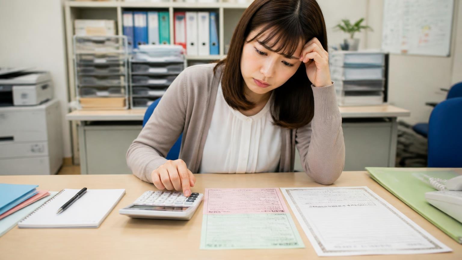 自動車税(種別割)・自賠責・リサイクル料金はどうなる?事務所で納税通知書と保険証明書を並べ、事務員の女性が電卓を叩いて考え込む