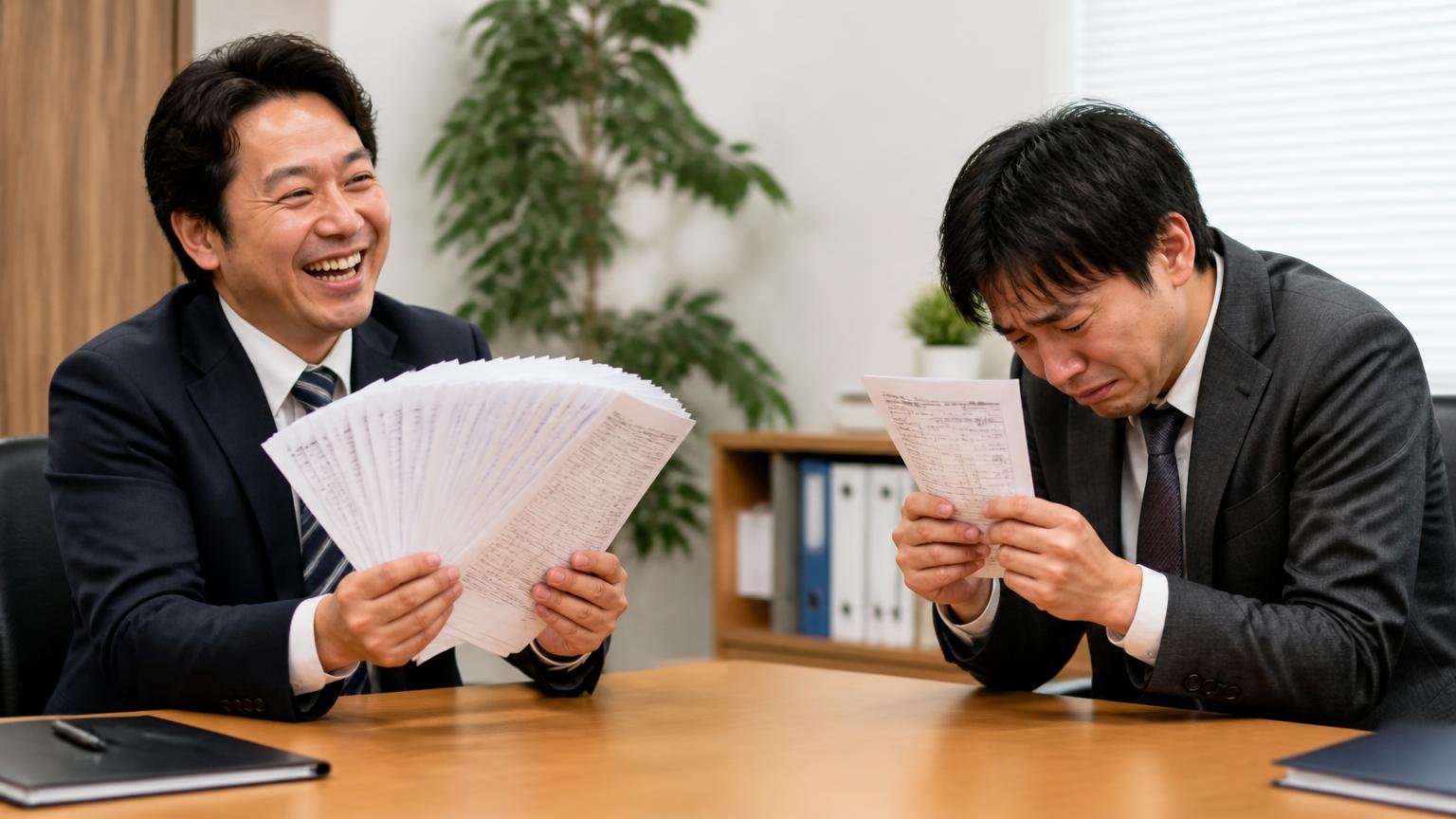 口コミから分かる「納得して売れた人」と「損した人」の違い 事務所の机を挟んで 見積書の束を手に笑顔の男性と1枚だけを握ってうなだれる男性