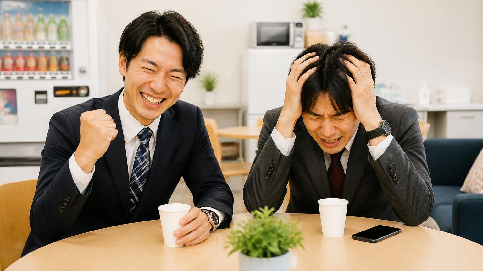 口コミから見える「納得して売れた人」と「損をした人」の違い 休憩室 笑顔の男性と頭を抱える男性が並んで座り対照的な表情