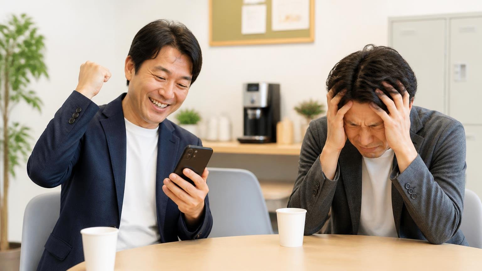 口コミから見える「納得して売れた人」と「損をした人」の違い 休憩室 笑顔の男性と頭を抱える男性が並んで座り対照的な表情