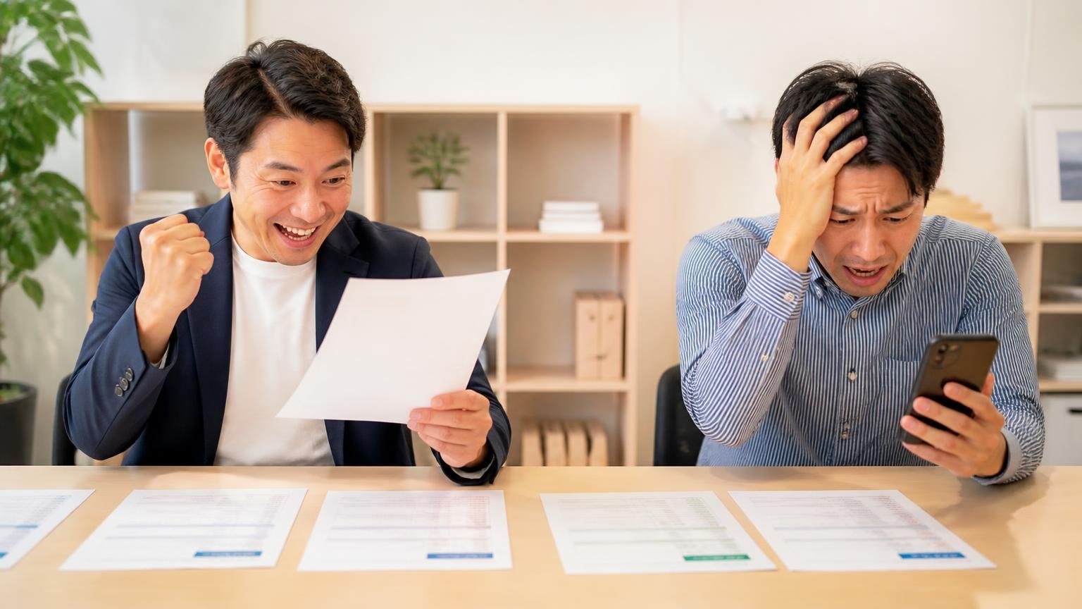 口コミから見える「納得して売れた人」と「損をした人」の違い 事務所のテーブル 見積書を並べて納得顔の男性と スマホを見て頭を抱える男性