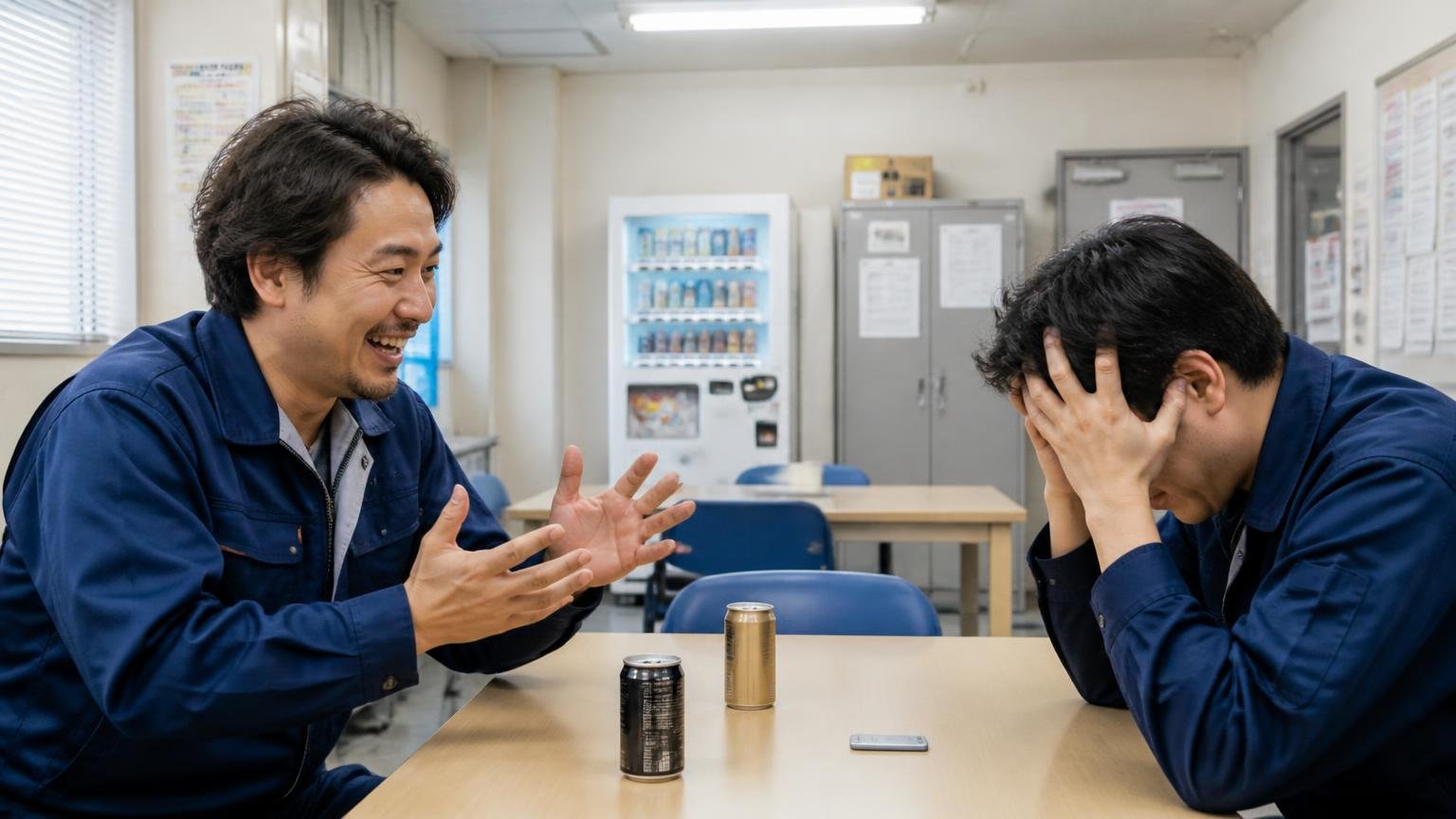 口コミから分かる「納得して売れた人」と「損をした人」の違い 運送会社の休憩室 笑顔の男性と頭を抱える男性の2人が向かい合って座る