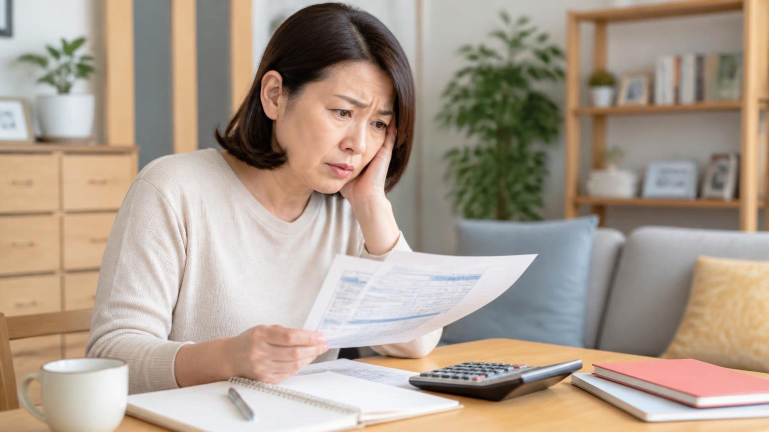 自宅のテーブルで、自動車税の通知書と電卓を前に家計簿をつける40代女性1人