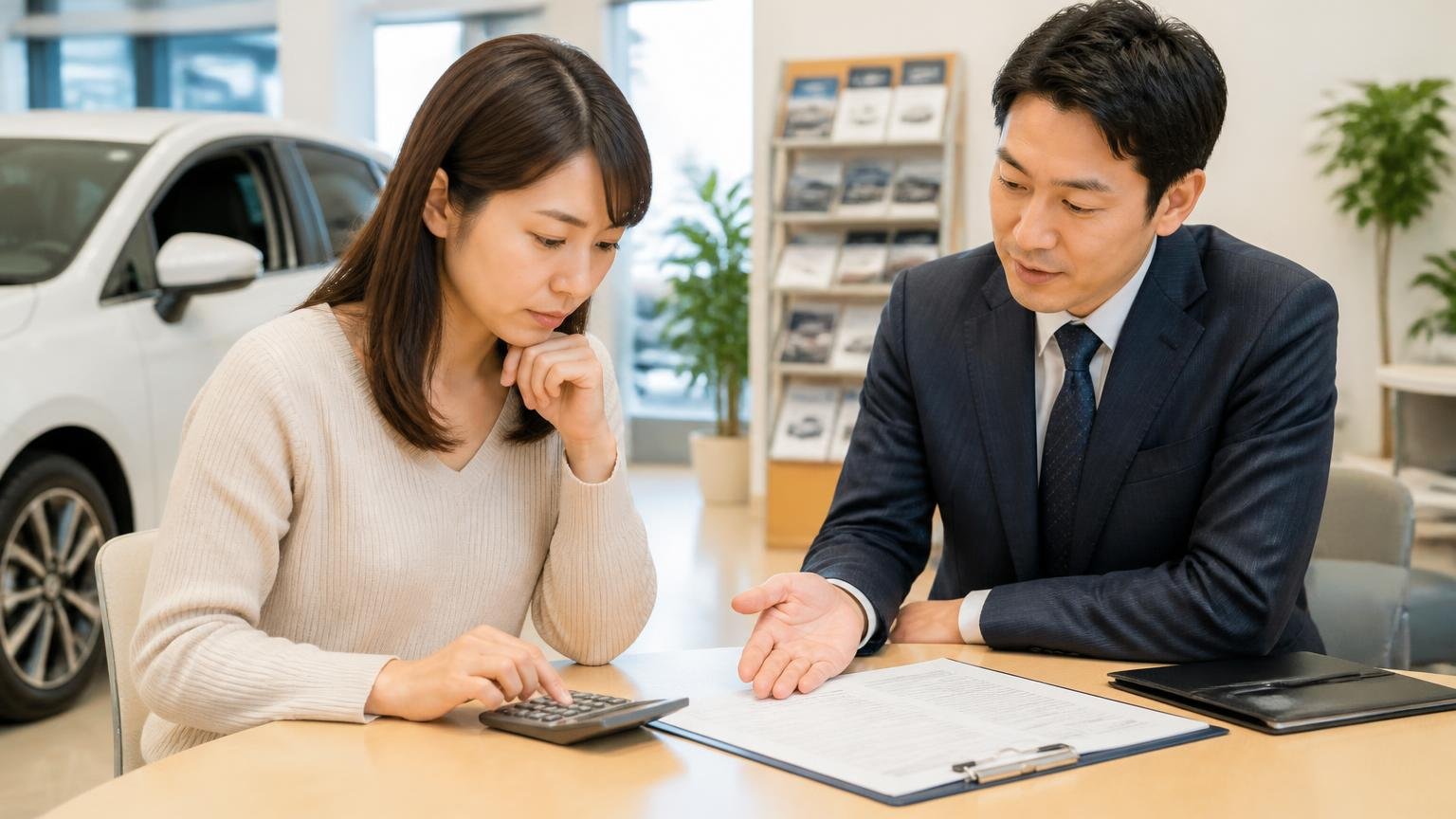 自動車税は売却では戻らない、リサイクル料金は受け取れる 見積書の内訳を電卓で確かめる女性1人と説明する査定員の男性1人、落ち着いた表情