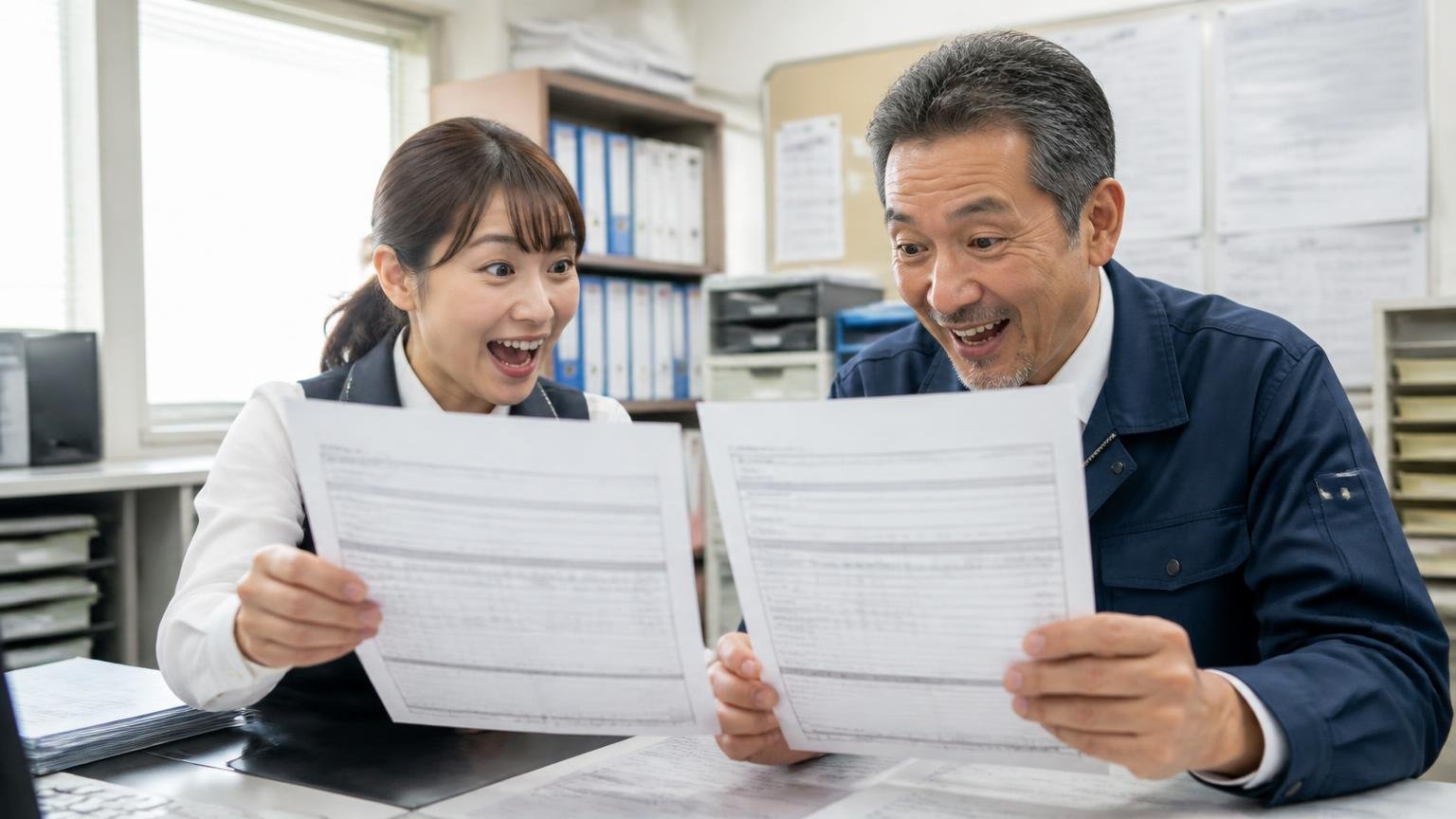 口コミから分かる「納得して売れた人」と「損した人」の違い　出雲市の運送会社の事務所で、2枚の見積書を見比べて大きくうなずく30代の女性事務員と50代の社長