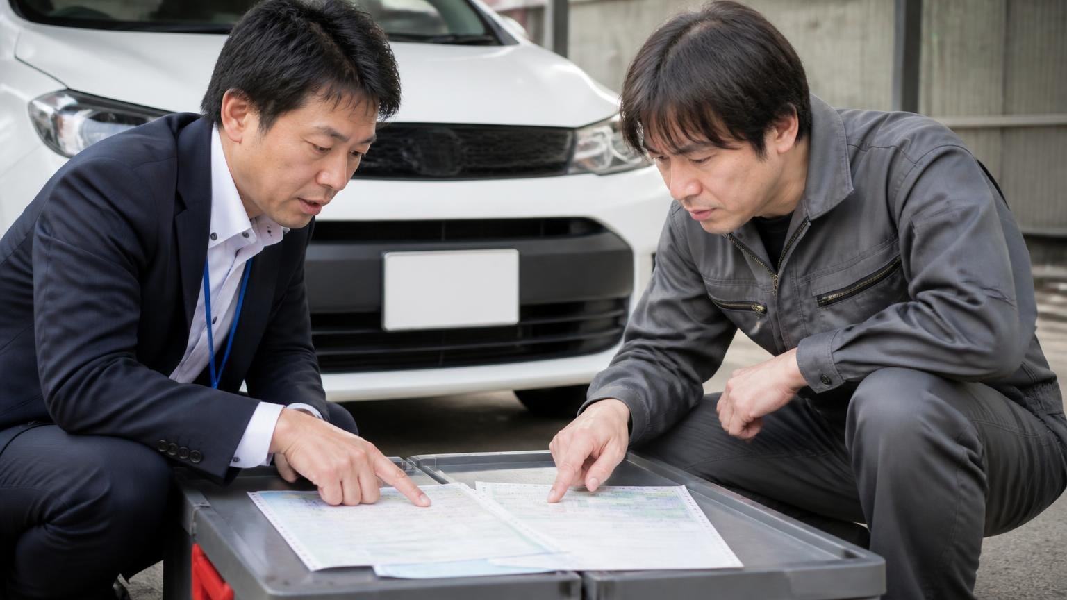 リサイクル料金・自賠責・所有権留保(ローン中)の確認ポイント 車庫でリサイクル券と自賠責証明書を広げて確認する屋外 事務担当1人と査定士1人 書類を指差し確認