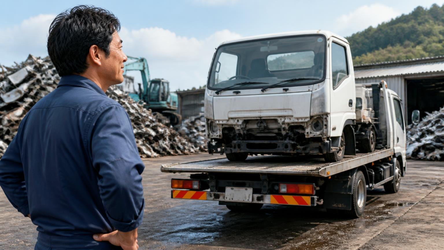 買取ではなく廃車(抹消登録)になる場合の違い。解体ヤードの前でナンバープレートを外したトラックを見送る男性1人、やり切った表情