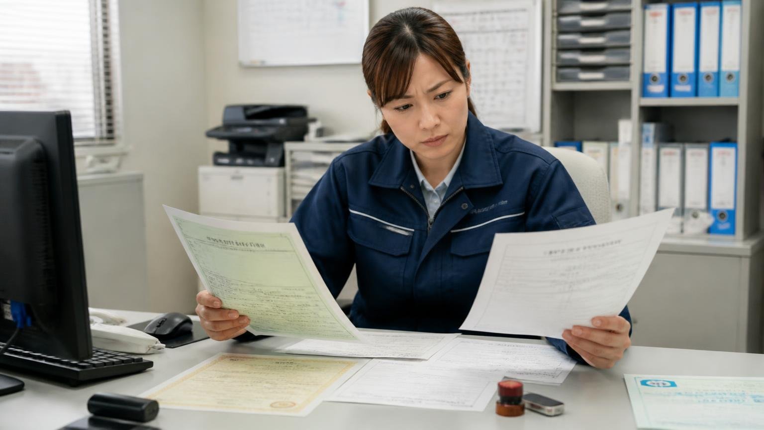 運送会社の事務所で、車検証や印鑑証明書などトラック売却の書類を机に並べて確認する30代女性1人