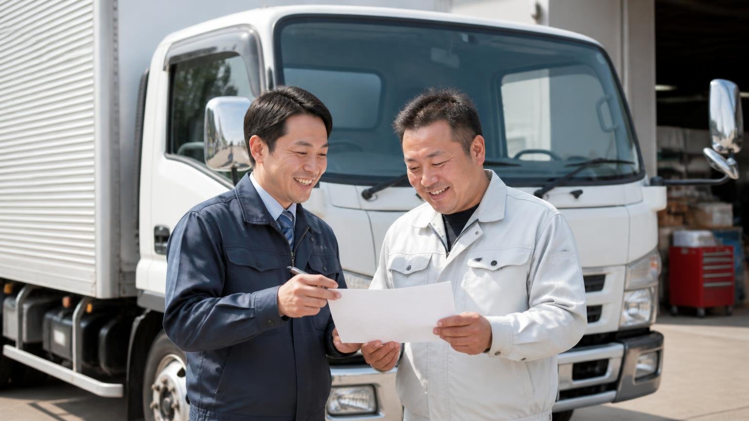 岡山の地場業者と見積もりを並べるなら、出張査定と書類代行が無料のトラック買取業者3選、車庫で査定スタッフと4tトラックのオーナーが笑顔で見積書を見る場面
