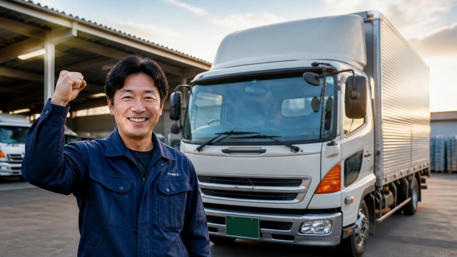 静岡の業者の見積もりと並べるなら、無料査定から頼めるトラック買取業者3選 夕方の車庫で4tトラックの前に立つ男性が笑顔でガッツポーズ