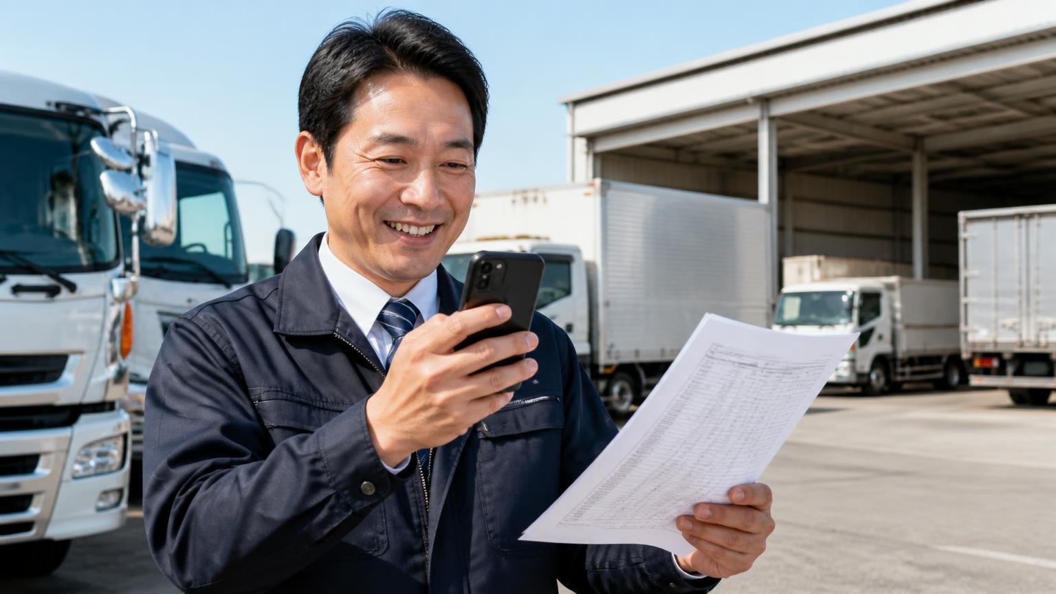 地場業者の金額と比べる相手を用意する、三郷の車庫で見積書を手にスマホで無料査定を申し込む経営者の男性が晴れやかな表情