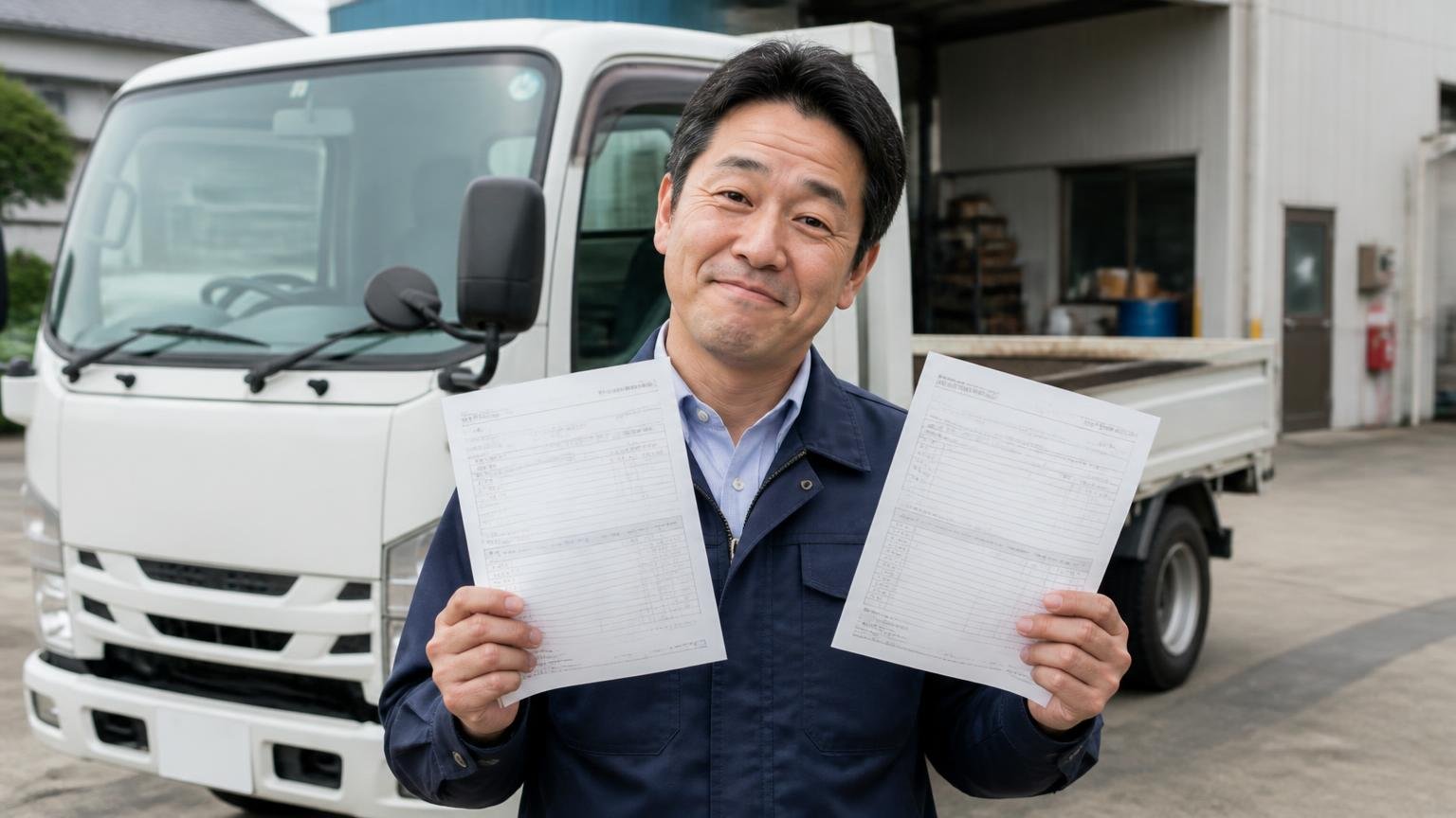 松江の地場業者と金額を並べる2社目・3社目に|松江市の車庫で2tトラックの前に並ぶ2枚の見積書を手に笑顔でうなずく男性経営者1人