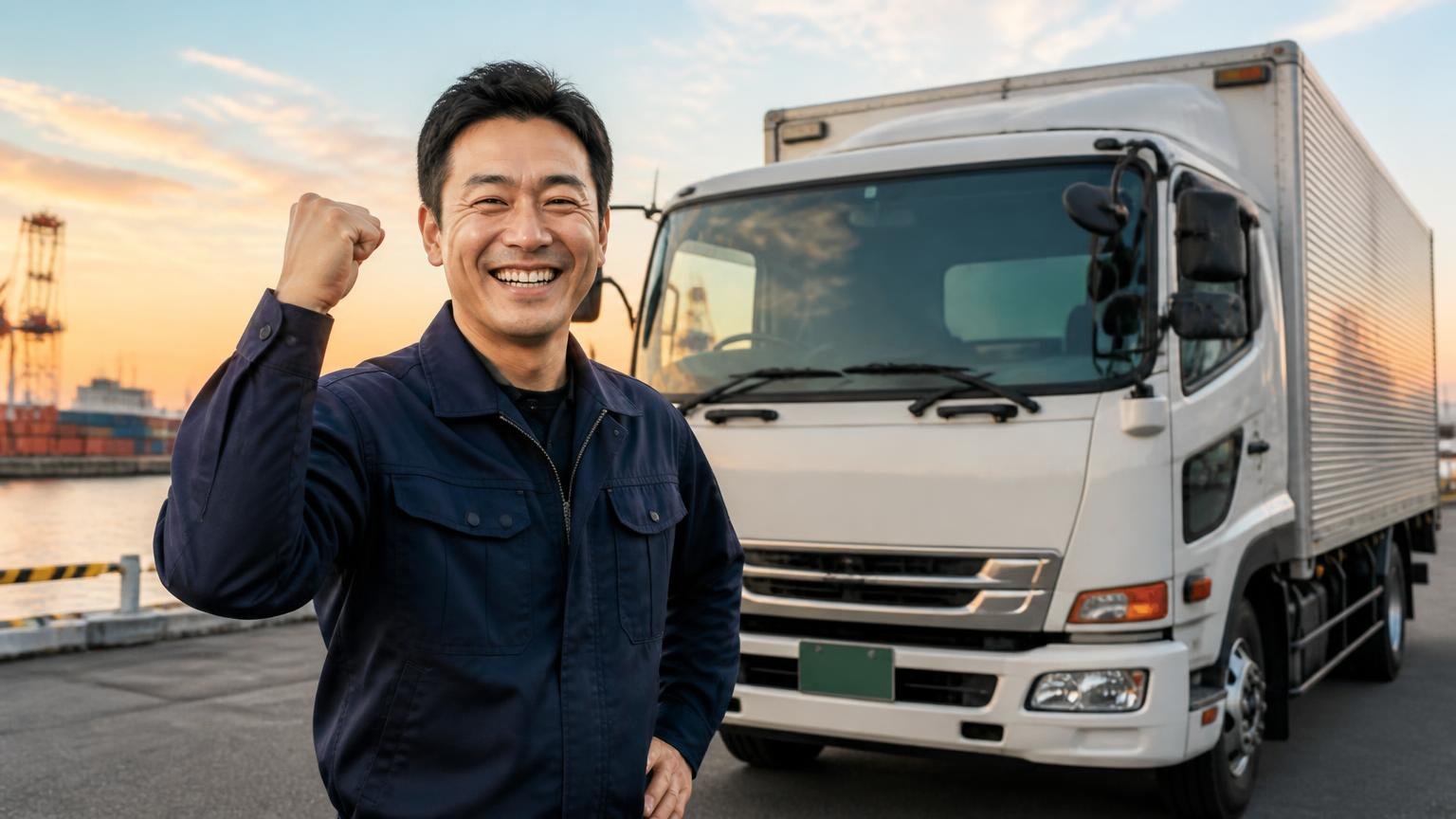 名古屋の業者の見積もりと並べるなら、無料査定から頼めるトラック買取業者3選 夕方の港の車庫で4tトラックの前に立つ男性が笑顔でガッツポーズ