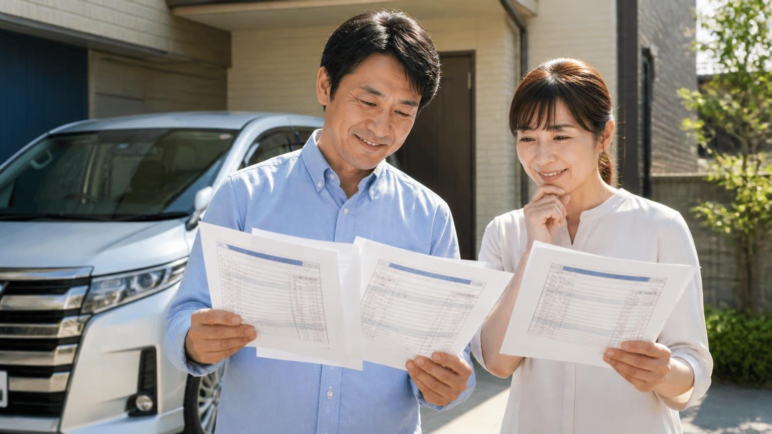 地元候補の金額が妥当か確かめたい人が比較相手に選ぶ買取業者3選。車庫前で複数の見積書を手に笑顔でうなずく男性と女性