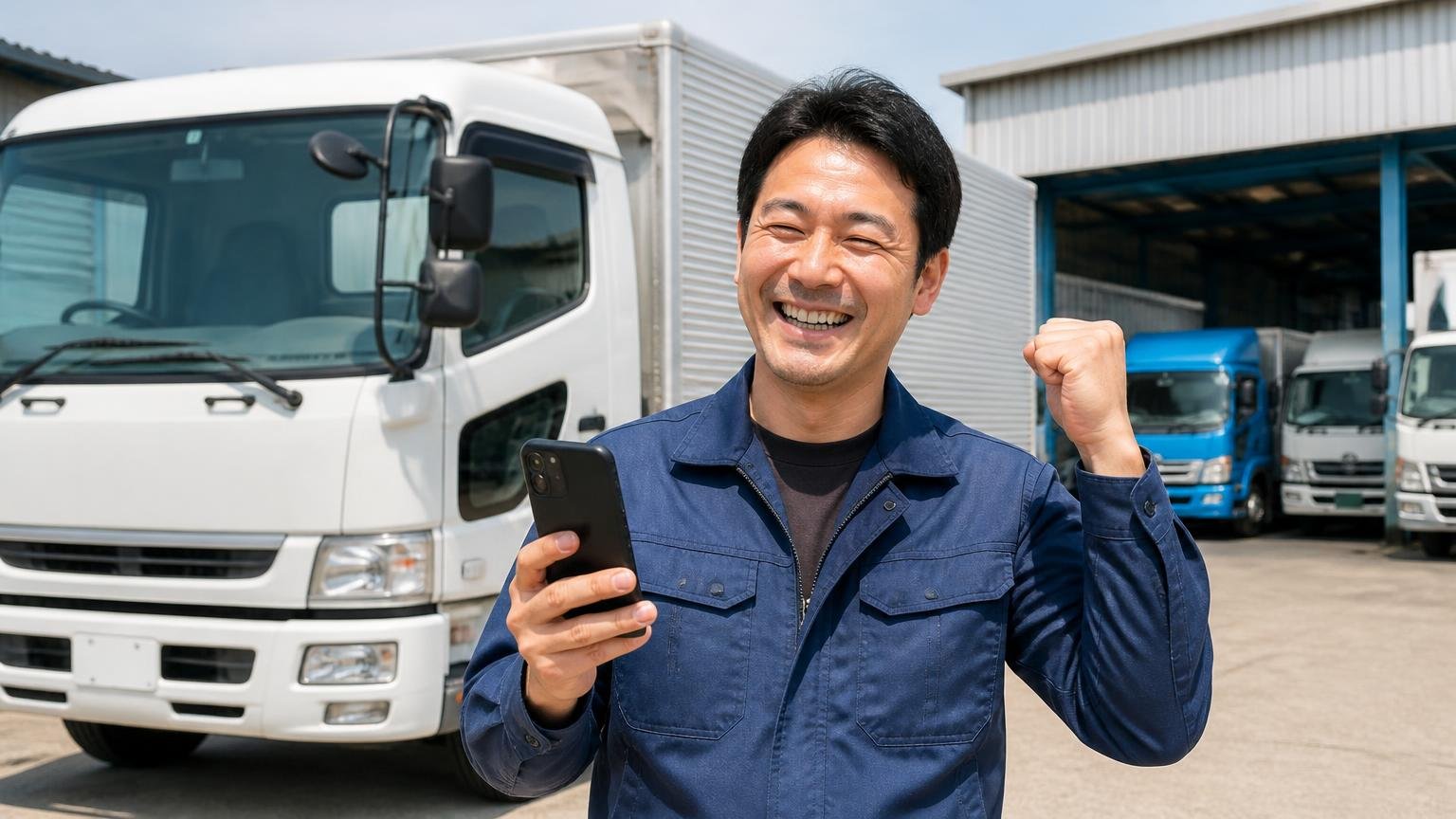 徳島の地元業者と金額を並べる相手に選びたい、無料査定ができるトラック買取業者3選 車庫のトラック前 男性1人 スマホで申し込み笑顔でガッツポーズ