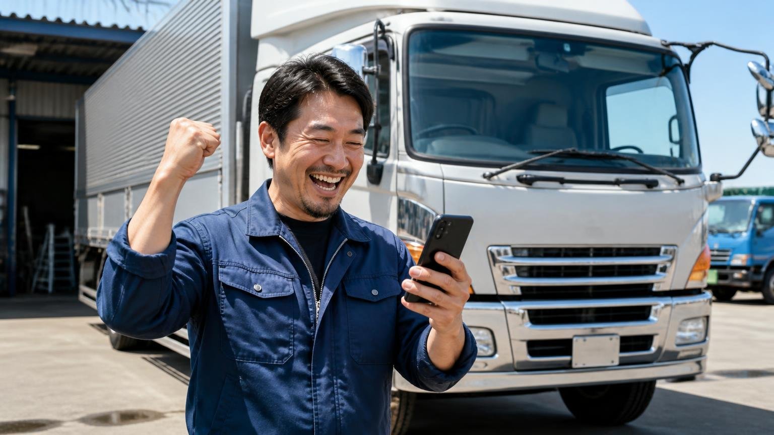 四国の専門店と金額を比べる相手に。当サイトおすすめのトラック買取業者3選 車庫のトラック前 男性1人 スマホで査定申込しガッツポーズ