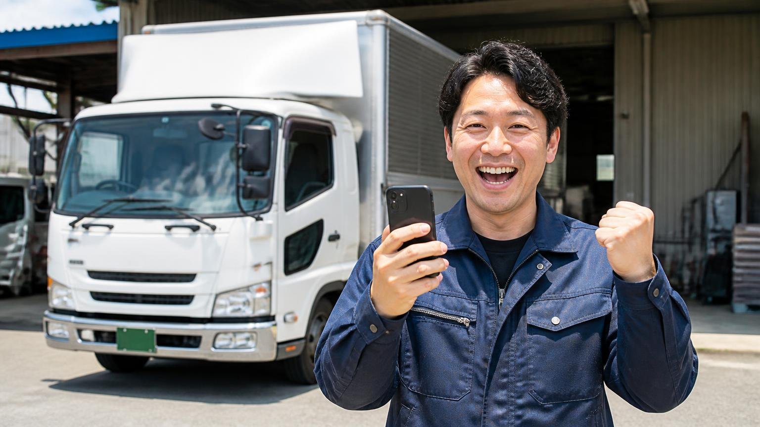 沖縄で比べる相手をもう1社足すなら、当サイトおすすめ3選の無料査定から 車庫の4tトラックの前でスマホを手にした男性1人が晴れやかな笑顔