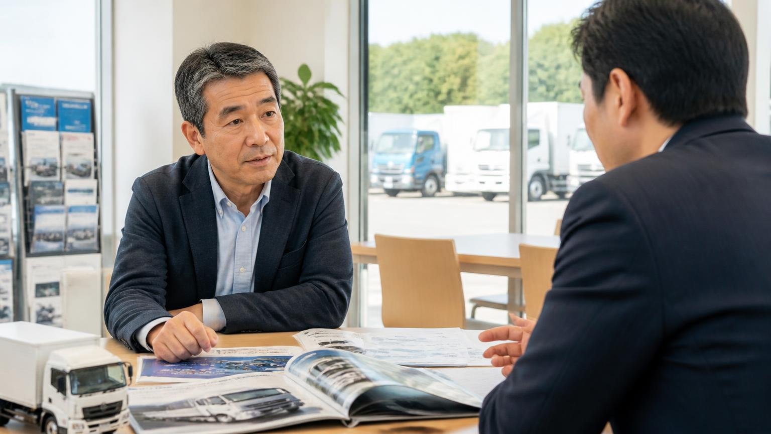 鳥取のトラック販売店の商談席で、新車トラックのカタログを前に担当者と話す50代男性1人
