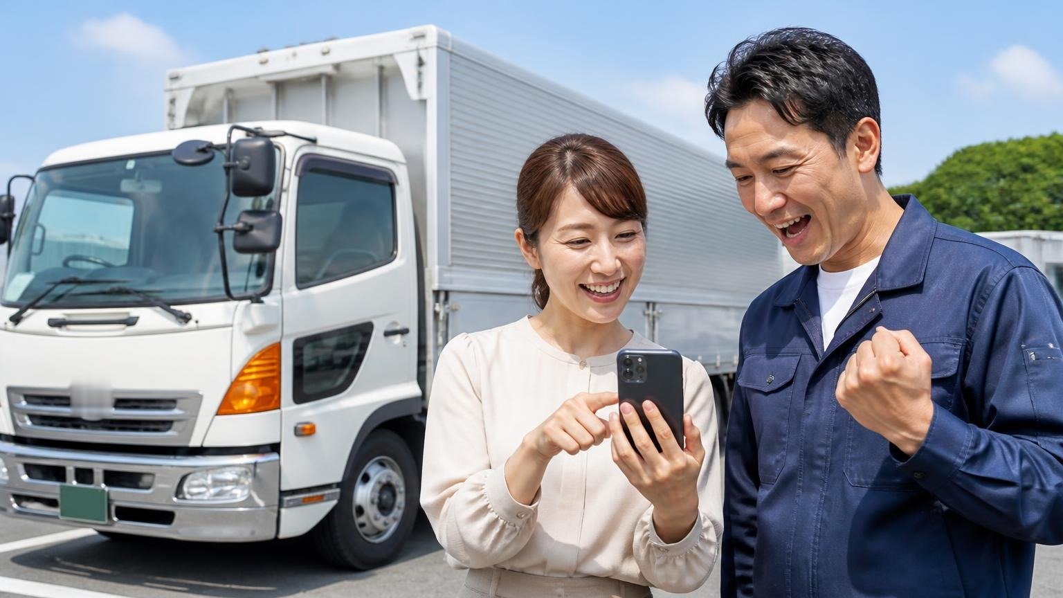 金額を並べる2社目・3社目に。当サイトおすすめトラック買取業者3選で無料査定を、4tウイングトラックの前でスマホから査定を申し込み笑顔の30代女性と40代男性