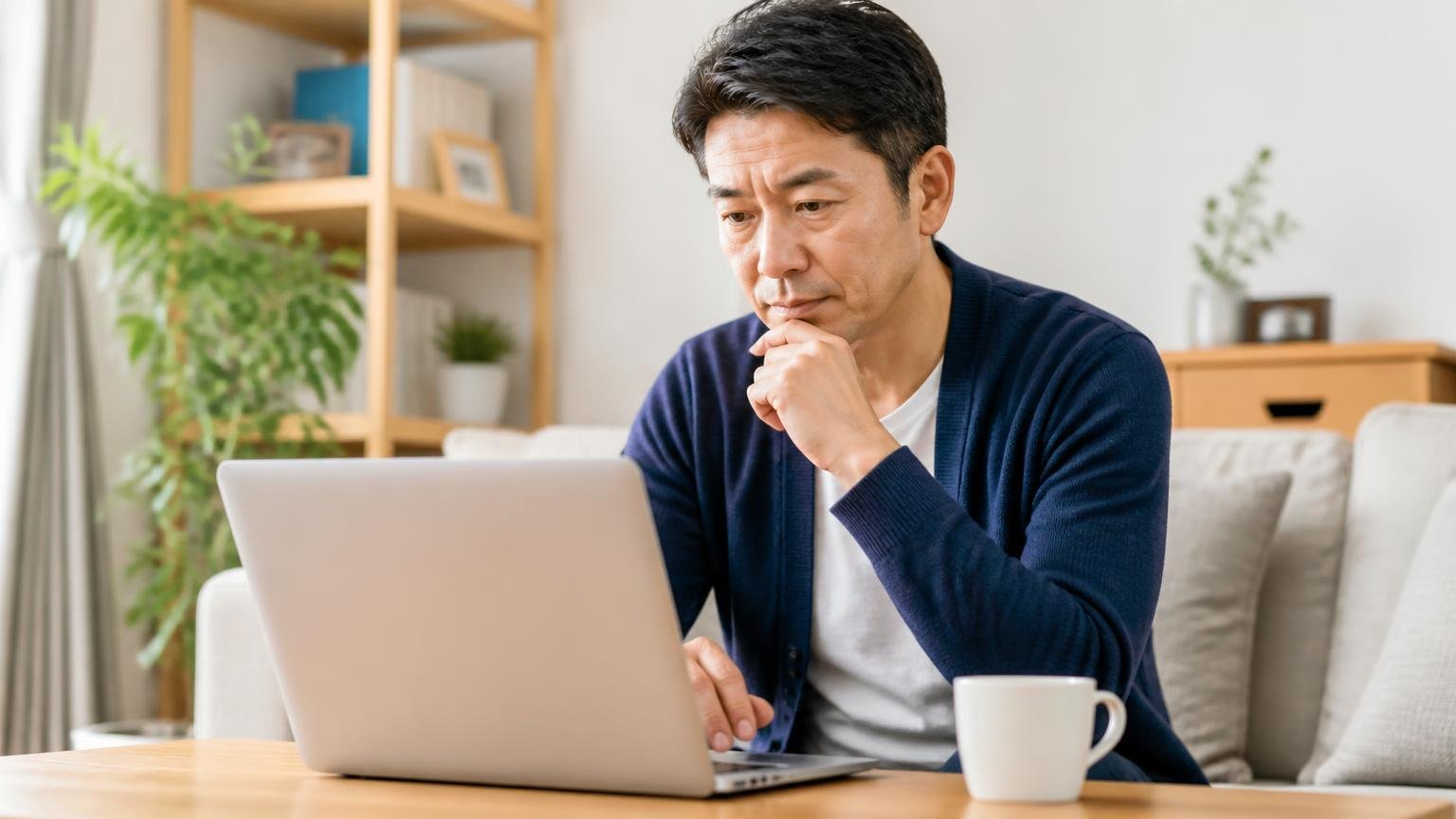 自宅のリビングでノートパソコンからトラックの一括査定を申し込む40代男性1人
