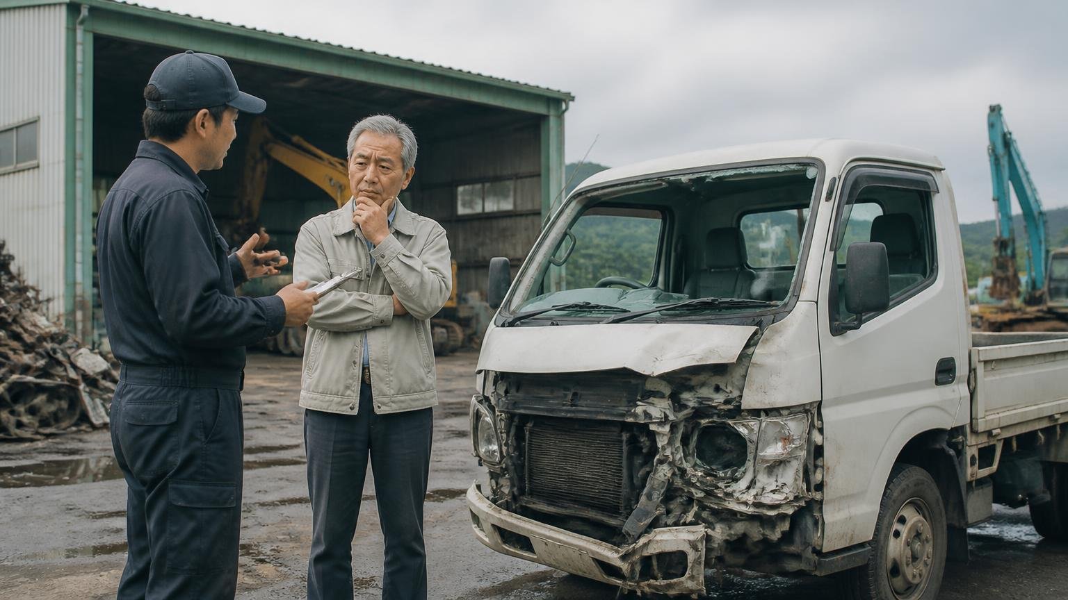 鳥取の郊外の解体工場の前で、事故で前が壊れた2tトラックを前に業者と話す60代男性1人