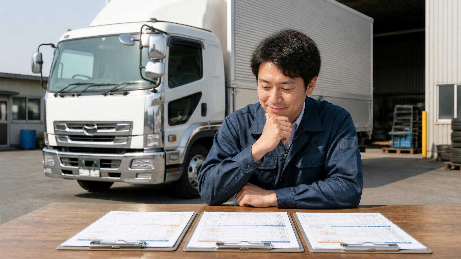 2社目・3社目に加えているトラック高価買取業者3選 営業所の車庫で4tウイングの前に見積書3枚を並べて見比べる屋外 事務担当1人 納得して頷く