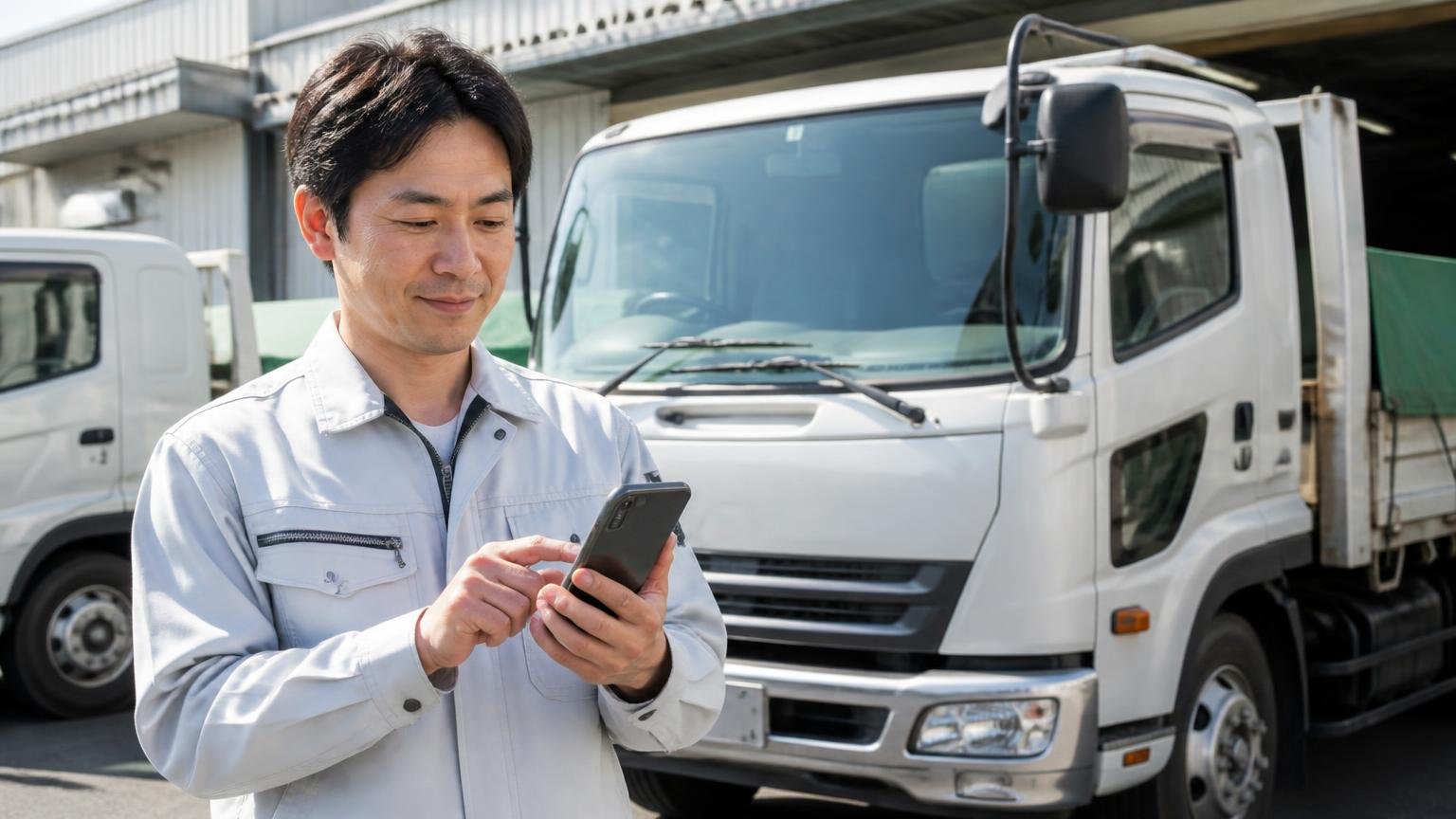 広島の業者と金額を並べたい人へ|当サイトおすすめのトラック買取業者3選 車庫のトラックの前でスマホから無料査定を申し込む作業着の男性1人
