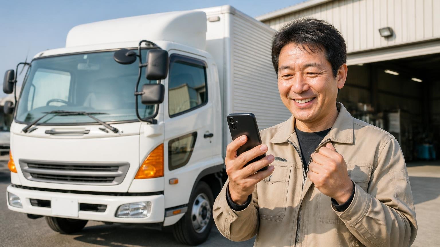 山口の業者と並べて比べたい、当サイトおすすめのトラック買取業者3選 営業所の前に停めたトラックの横 スマホで査定を申し込み笑顔でうなずく男性