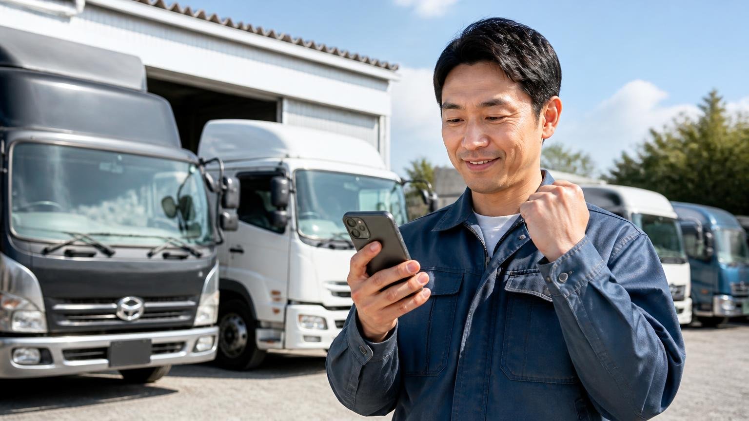 香川の業者と見積もりを並べたい人へ、当サイトおすすめのトラック買取業者3選 車庫の前 スマホで査定を申し込み笑顔でうなずく男性