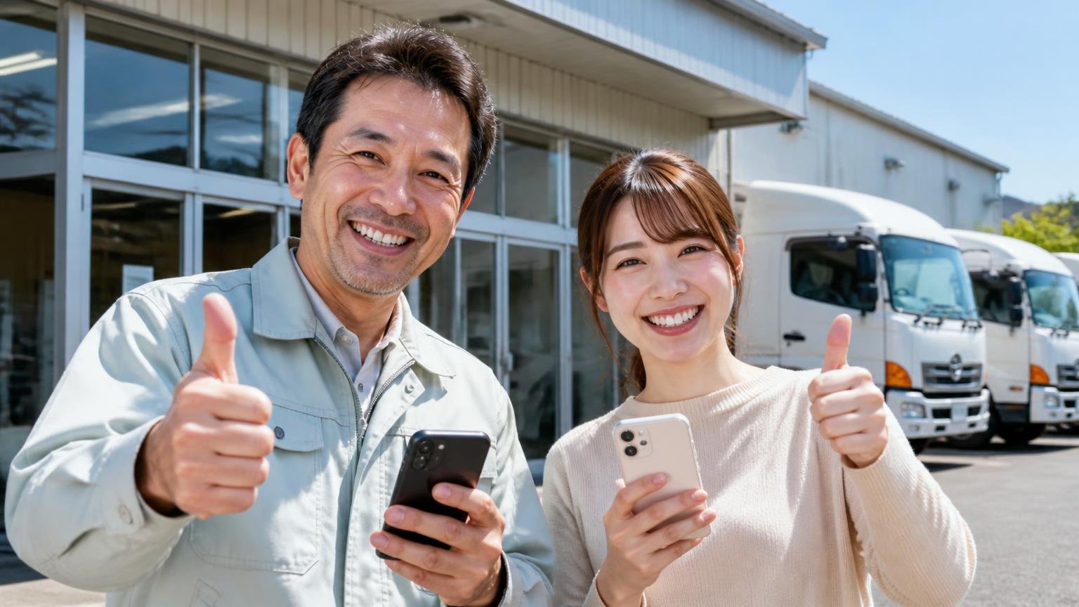 愛媛の業者と見積もりを並べたい人へ、当サイトおすすめのトラック買取業者3選 営業所の前 スマホで査定を申し込み笑顔で親指を立てる男性と女性
