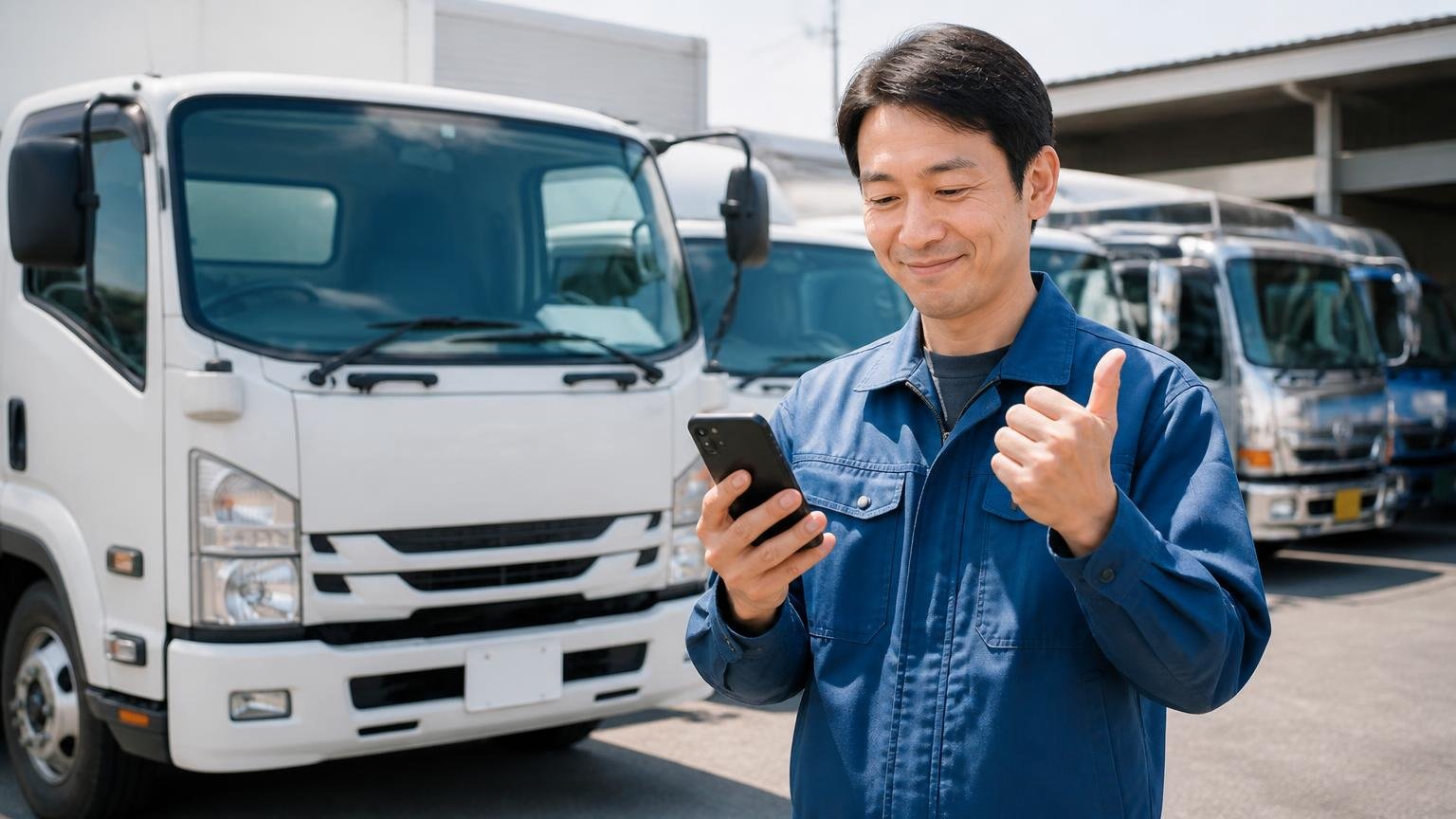 福岡の業者と見積もりを並べたい人へ、当サイトおすすめのトラック買取業者3選 車庫の前 スマホで査定を申し込み笑顔でうなずく男性