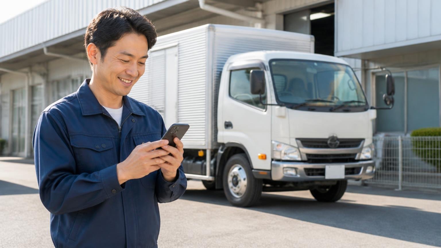 佐賀の業者と見積もりを並べたい、当サイトおすすめのトラック買取業者3選 営業所の前に停めたトラックの横 スマホで査定を申し込む男性1人が笑顔