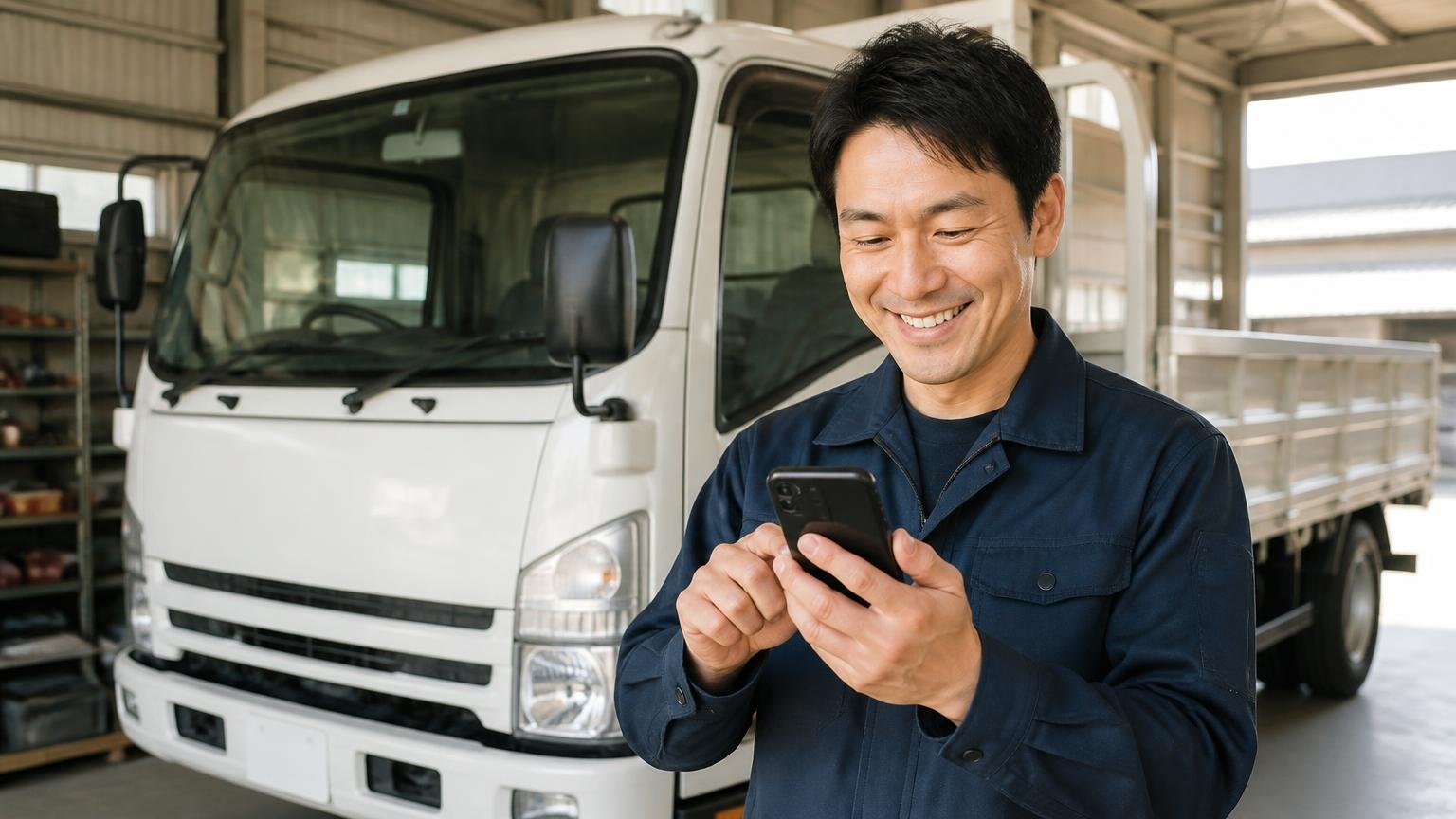 比べる相手に迷ったら当サイトおすすめのトラック買取業者3選で無料査定から 車庫で男性1人がスマホで査定を申し込み晴れやかな笑顔