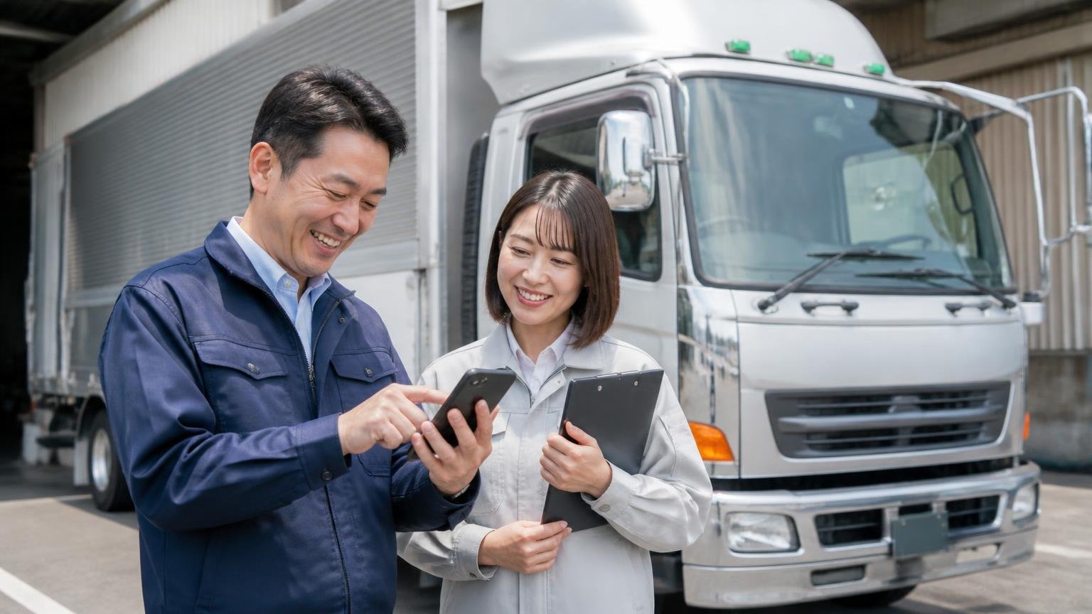 船橋市の候補を押さえたら、次は金額を並べる。出張査定・書類代行が無料のトラック買取業者3選、営業所の車庫に停まった4tウイングの前で、運送会社の男性社長がスマホで無料査定を申し込み、女性事務員が隣で笑顔でうなずいている