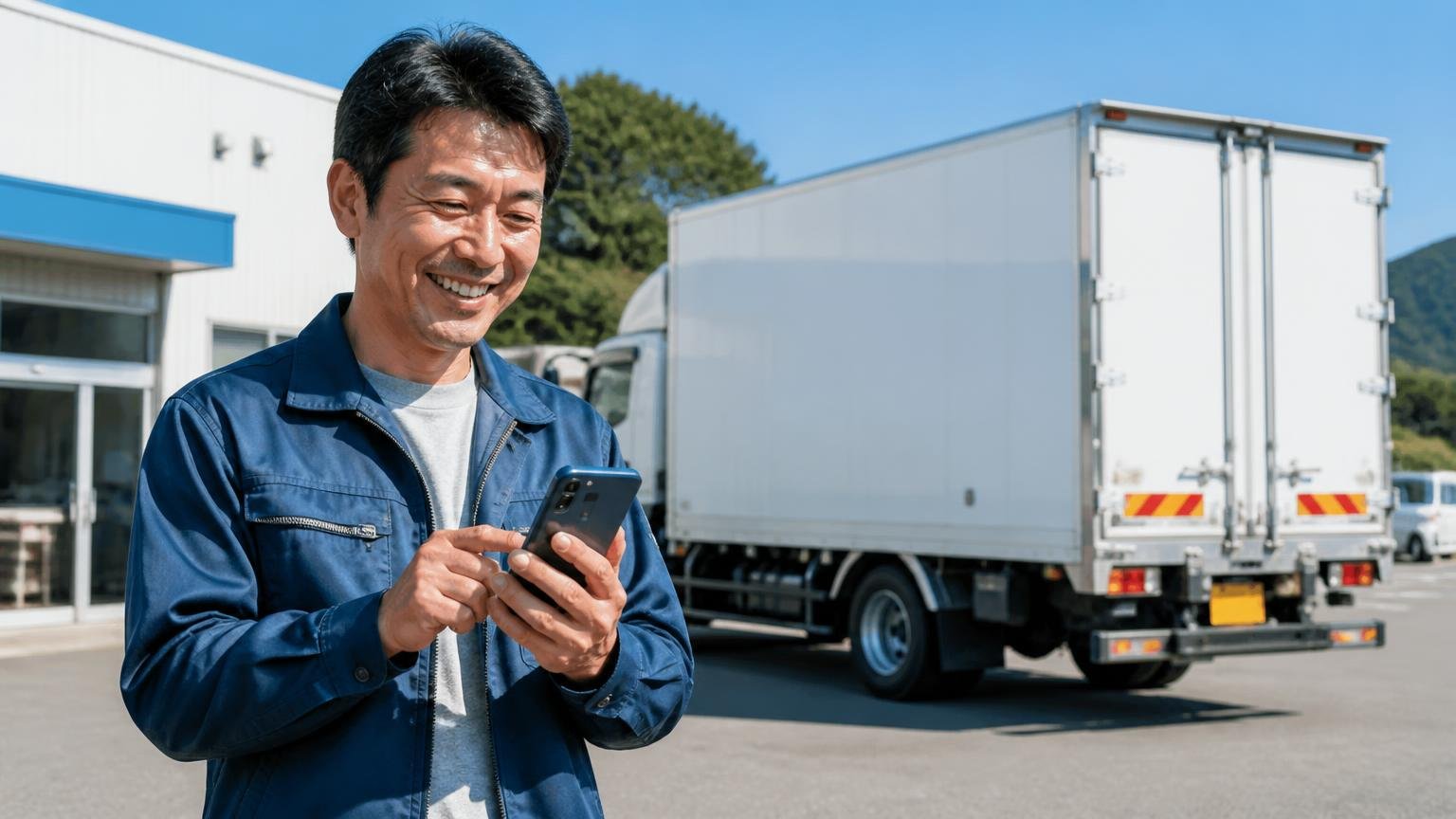 島根の近い業者と並べたい、当サイトおすすめのトラック買取業者3選　松江市の営業所前で4tトラックを背にスマホで無料査定を申し込み笑顔の40代男性